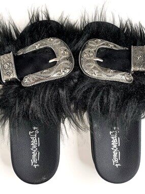 JEFFREY CAMPBELL Black Fur WESTERN BELT BUCKLE Platform SLIDES 9 Whimsygoth Y2K